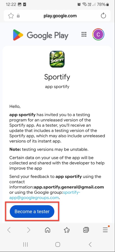Google Play: pantalla de invitación a ser tester