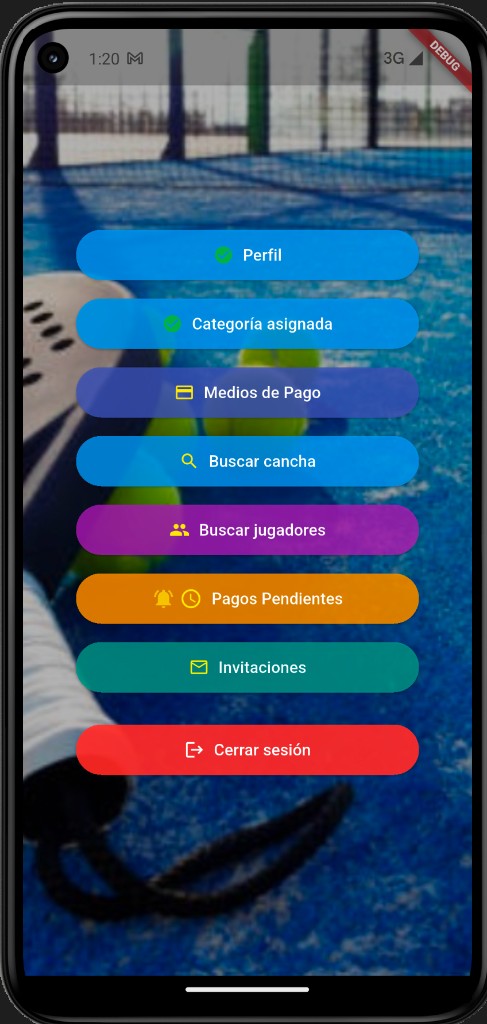 Menú principal de Sportify con accesos a perfil, canchas y más