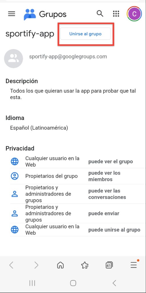 Google Groups: en la página del grupo tocá Unirse al grupo