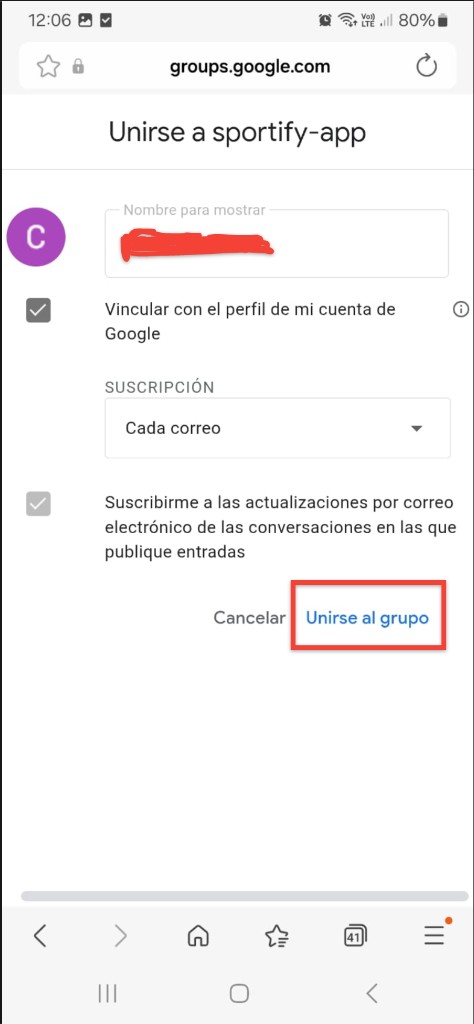 Google Groups: pantalla para confirmar la unión al grupo